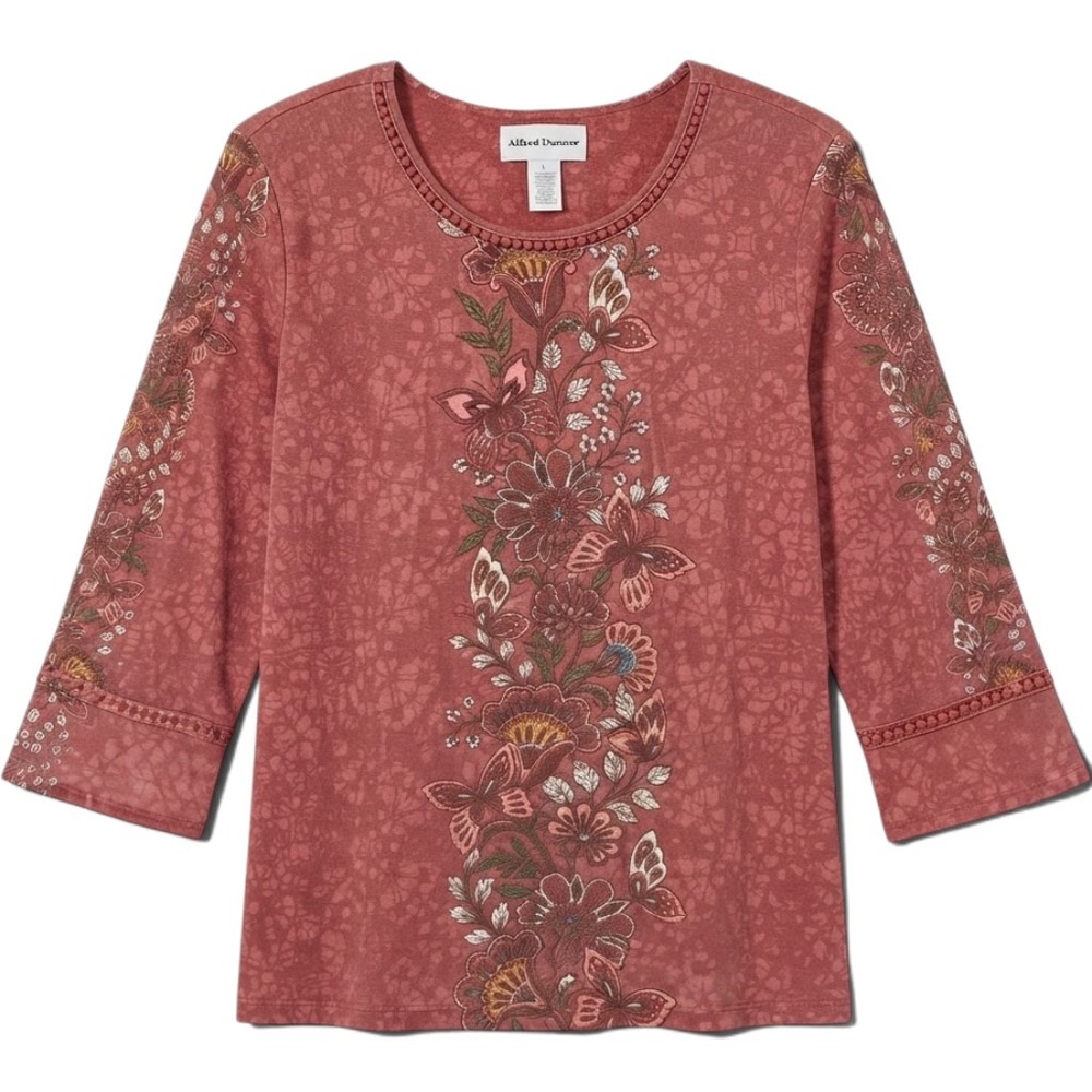 Alfred Dunner Womens Terracotta Floral Butterfly 3/4 Sleeve Crochet Trim Top L